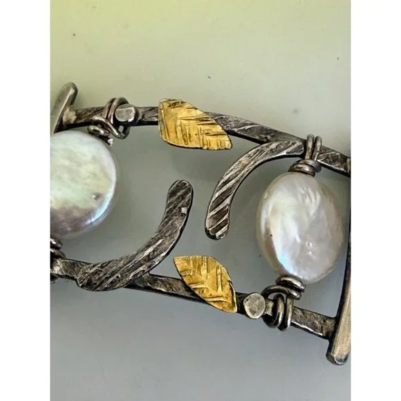 Vintage 90s Modernist Donna Burdic Bracelet Coin Pearls Sterling Gold Leaves